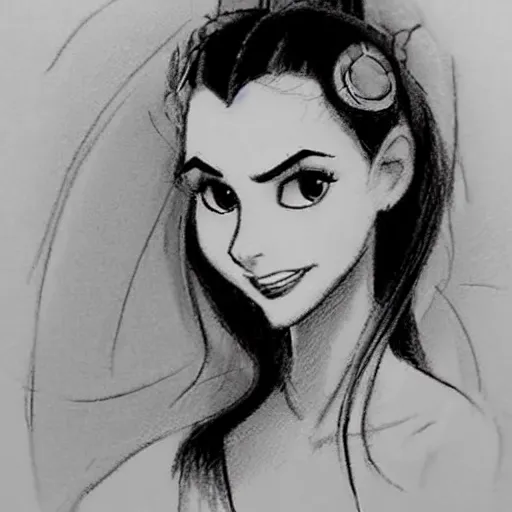 Image similar to milt kahl sketch of victoria justice with done up hair, tendrils and ponytail as princess padme from star wars episode 3