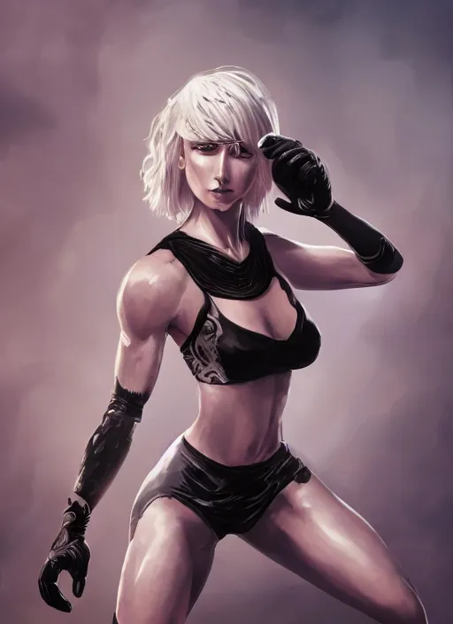 Prompt: a highly detailed illustration of short haired platinum blonde woman wearing black mma bra and gloves, dramatic muay thai fight stance pose, muscular, intricate, elegant, highly detailed, centered, digital painting, artstation, concept art, smooth, sharp focus, league of legends concept art, WLOP