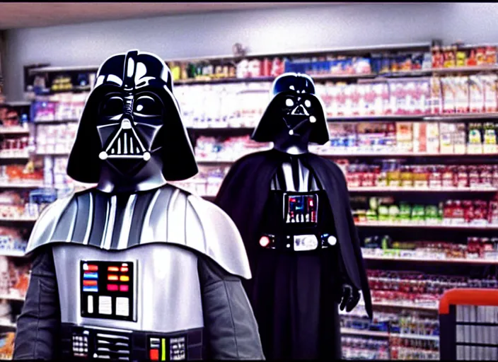 Prompt: film still of Darth Vader working as a clerk in a convenience store in the new Clerks movie 1994