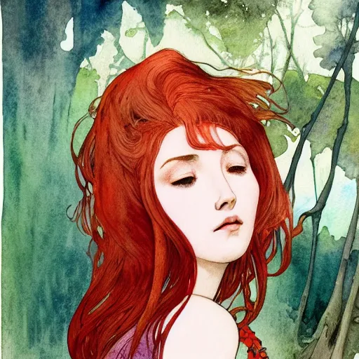 Prompt: side view a beautiful and inspiring intricate watercolor illustration artwork red hair italian girl in the forest, feeling the nature, eyes closed, 4 k, ultra - wide angle, by william turner, by victo ngai, by alphonse mucha, by miho hirano, hd, trending on artstation, hyper detailed, muted colors, inspiring, beautiful, energetic