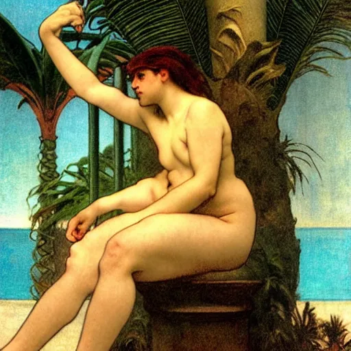 Image similar to Demon girl at the giant column, thunderstorm, greek pool, beach and palm trees on the background major arcana sky, by paul delaroche, alphonse mucha and arnold böcklin arnold böcklin hyperrealistic 8k, very detailed