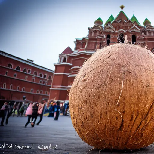 Image similar to symmetrical photo of giant coconut on red square, super wide shot, 1 2 mm, bokeh