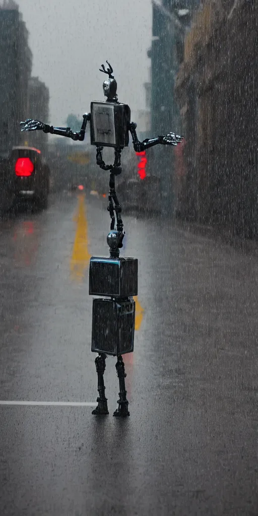 Image similar to robot on the road, city, photo, rain, rain, rain,