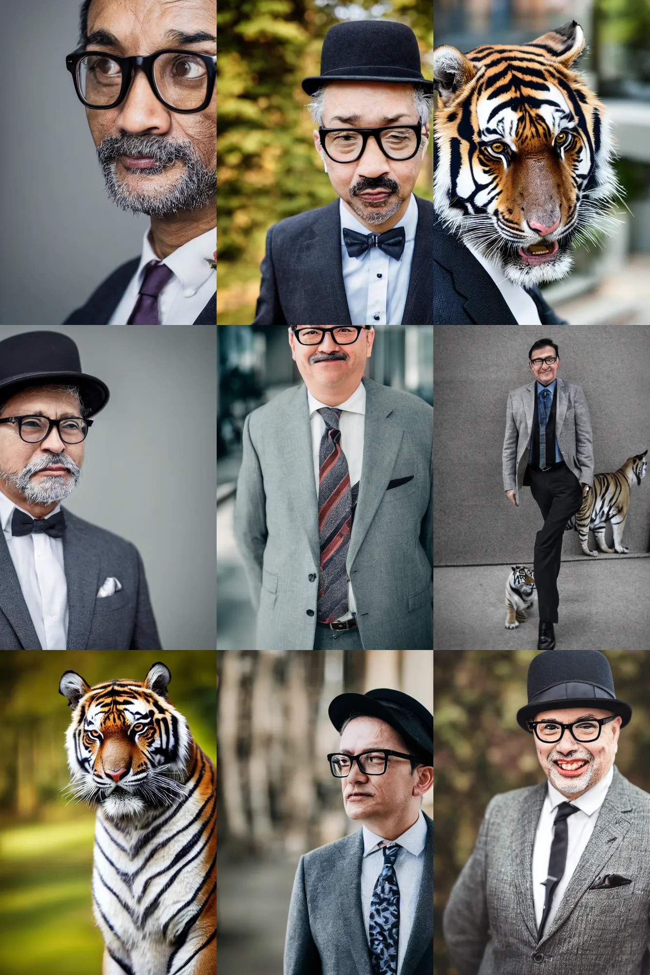 Prompt: high quality 3/4 length portrait photo of an !!greying tiger!! wearing a business suit and tie, wearing a bowler hat, !!wearing modern glasses!!, !!!Anthropomorphic!!!, photography 4k, f1.8 bokeh, 4k, 85 mm lens, sharp eyes, looking at camera, photorealistic, trending on artstation, trending on istock