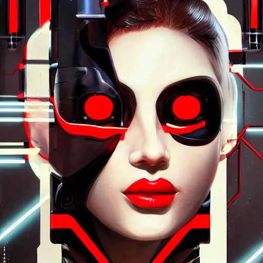 Image similar to Futuristic portrait painting of a cyborg girl with black and red robotic parts, medium shot, asymmetrical, profile picture, Organic Painting, sunny day, Matte Painting, bold shapes, hard edges, street art, trending on artstation, by Huang Guangjian and Gil Elvgren and Sachin Teng