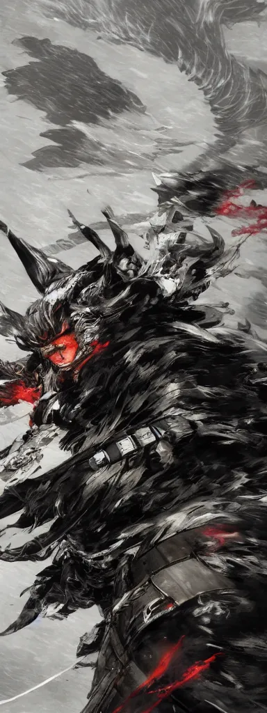 Image similar to Concept art of a dog in samurai armor, surrounded by black smoke, smoky, full body wuxia, Wudang Swordmanship by Chen Uen, art by Yoji Shinkawa, 4k