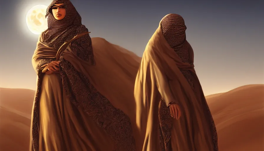 Image similar to Portrait of very very very very very very beautiful Arab woman wearing a burqa, glowing gold eyes, under giant full moon in the desert, intricate, elegant, highly detailed, digital painting, artstation, concept art, smooth, sharp focus, illustration, greg rutkowski, artgerm, alphonse mucha, masterpiece