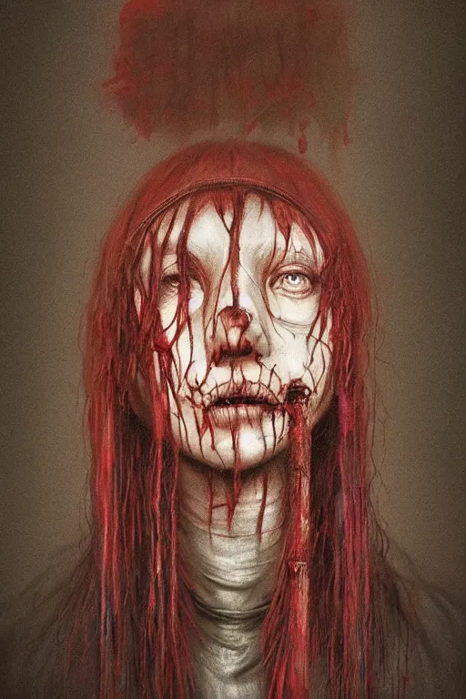 Image similar to crayon cartoon grunge portrait of a creepy horror nurse girl . intricate artwork. nightmare fuel. terrifying. by zdzisław Beksiński, wlop, dan mumford , trending on artstation, greg rutkowski very coherent symmetrical artwork. cinematic, hyper realism, high detail, octane render, 8k