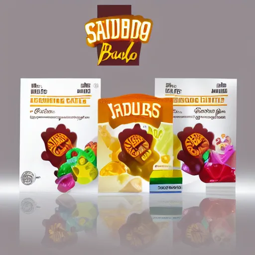 Image similar to original design concept of a packaging for gummy bears, studio lighting, modern style