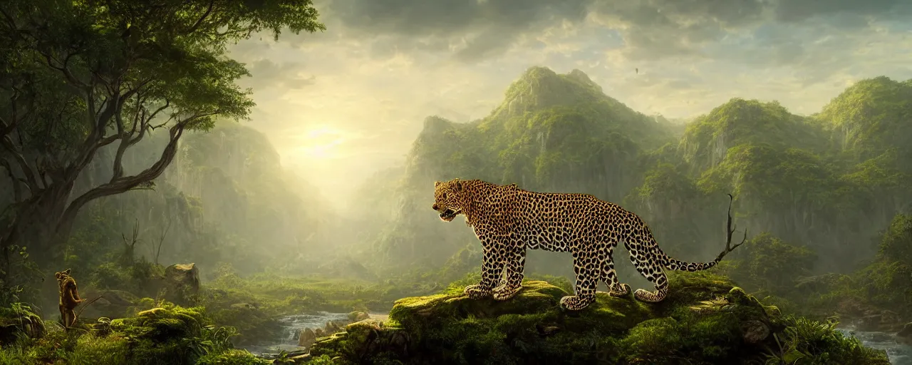 Image similar to leopard standing in the jungle, beautiful dynamic lighting, cinematic, wide angle establishing shot, extremely high detail, photo realistic, cinematic lighting, post processed, concept art, artstation, matte painting, style by frederic church, raphael lacoste, unreal engine 8 k