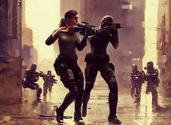 Image similar to sophia evades sgt griggs. Cyberpunk hitwoman escaping Cyberpunk police troopers in combat gear. (police state, Cyberpunk 2077, blade runner 2049, rainy city). Cyberpunk orientalist portrait by john william waterhouse and Edwin Longsden Long and Theodore Ralli and Nasreddine Dinet, oil on canvas. Cinematic, Dramatic lighting.