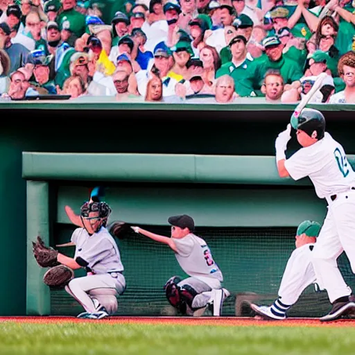 Prompt: Baseball playing hitting a grand slam over the Green Monster at Fenway park, award winning sports photography, Sports Illustrated
