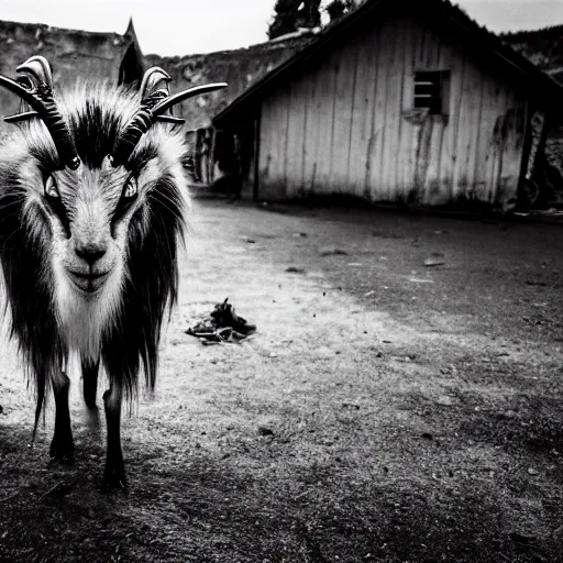 Prompt: horror photography, cinematic, daytime, wide shot, snarling mutant goat monster with a mouth crammed full of sharp teeth and filthy matted fur, village square, terrified villagers