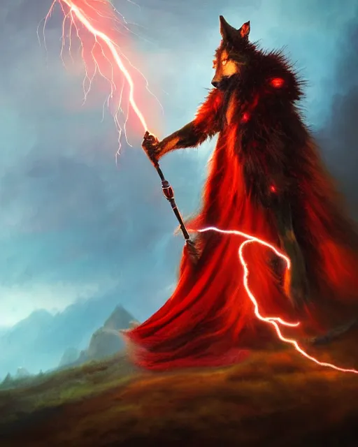 Image similar to oil painting of Anthropomorphized Wolf Shaman holding long magical lightning staff, wearing red fur cloak, sharp focus, lightning storm background, magical aura, heroic pose, fantasy style, octane render, volumetric lighting, 8k high definition, by greg rutkowski, highly detailed, trending on art Station, magic the gathering artwork, Lightning storm background, centered, dramatic artwork