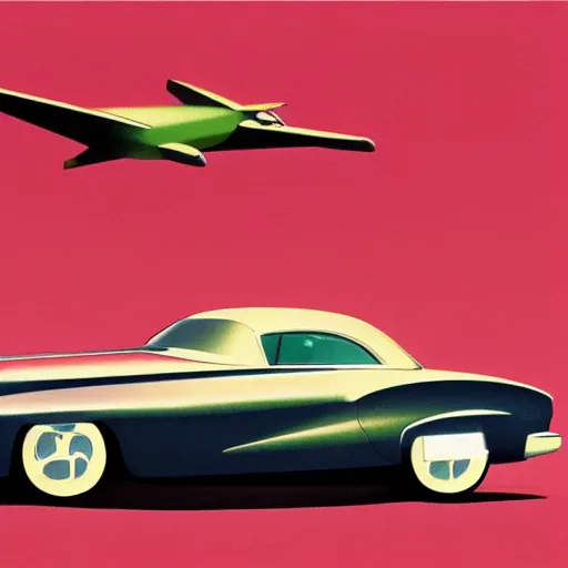 Prompt: a color concept drawing of a flying 5 0 s car model with wings and a back thruste designed by cadillac r