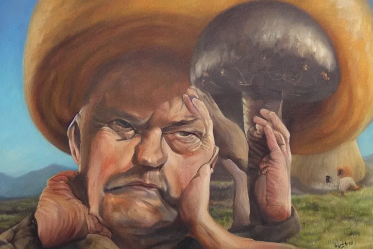 Image similar to portrait of orban viktor sitting under a big mushroom, detailed face, surreal oil painting