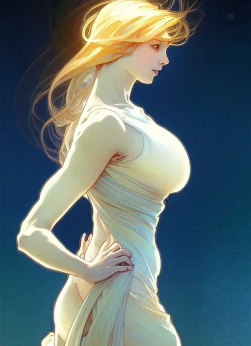 Image similar to digital character concept art by artgerm and greg rutkowski and alphonse mucha. clear portrait of a modern young wife blessed by god to unstoppably grow more perfect and fertile!! blonde, in clothes! feminine well - formed holy body!! light effect. hyper detailed, glowing lights!! intricate, elegant, digital painting, artstation, smooth, sharp focus