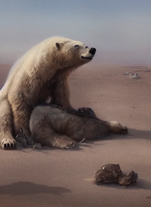 Image similar to dying polar bear on a desert, by greg rutkowski, trending on artstation, masterpiece