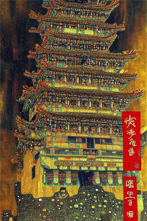 Image similar to cyberpunk chinese ancient castle, fantasy, painting by Gustav Klimt