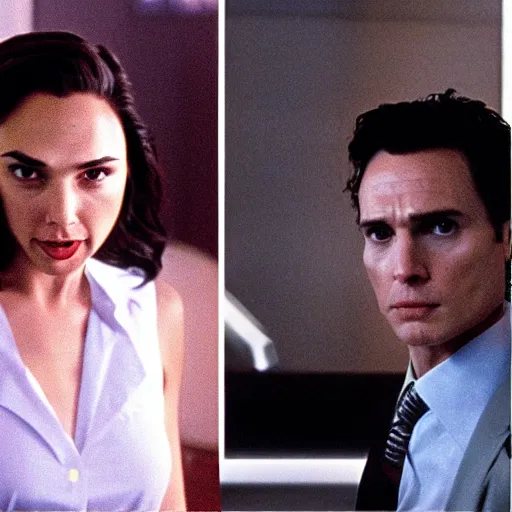 Prompt: gal gadot in patrick bateman apartment in american psycho ( 1 9 9 9 )