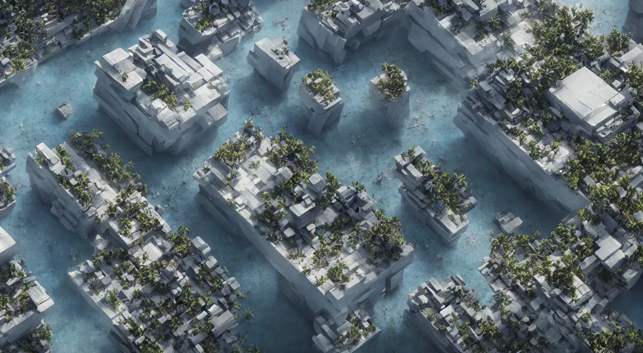 Image similar to a matte painting of high - tech floating city earthquake, concept art, gravels around, coconut palms, weightlessness, reverse, by oksana dobrovolska, vicotr hugo harmatiuk, joon ahn, yang qi, romain jouandeau, quy ho, karol bak, beeple, 4 k, unreal engine, vray render, artstation