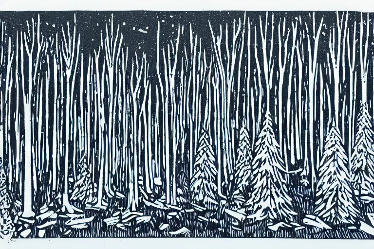 Prompt: uncanny incident in a winter forest, reaction diffusion linocut