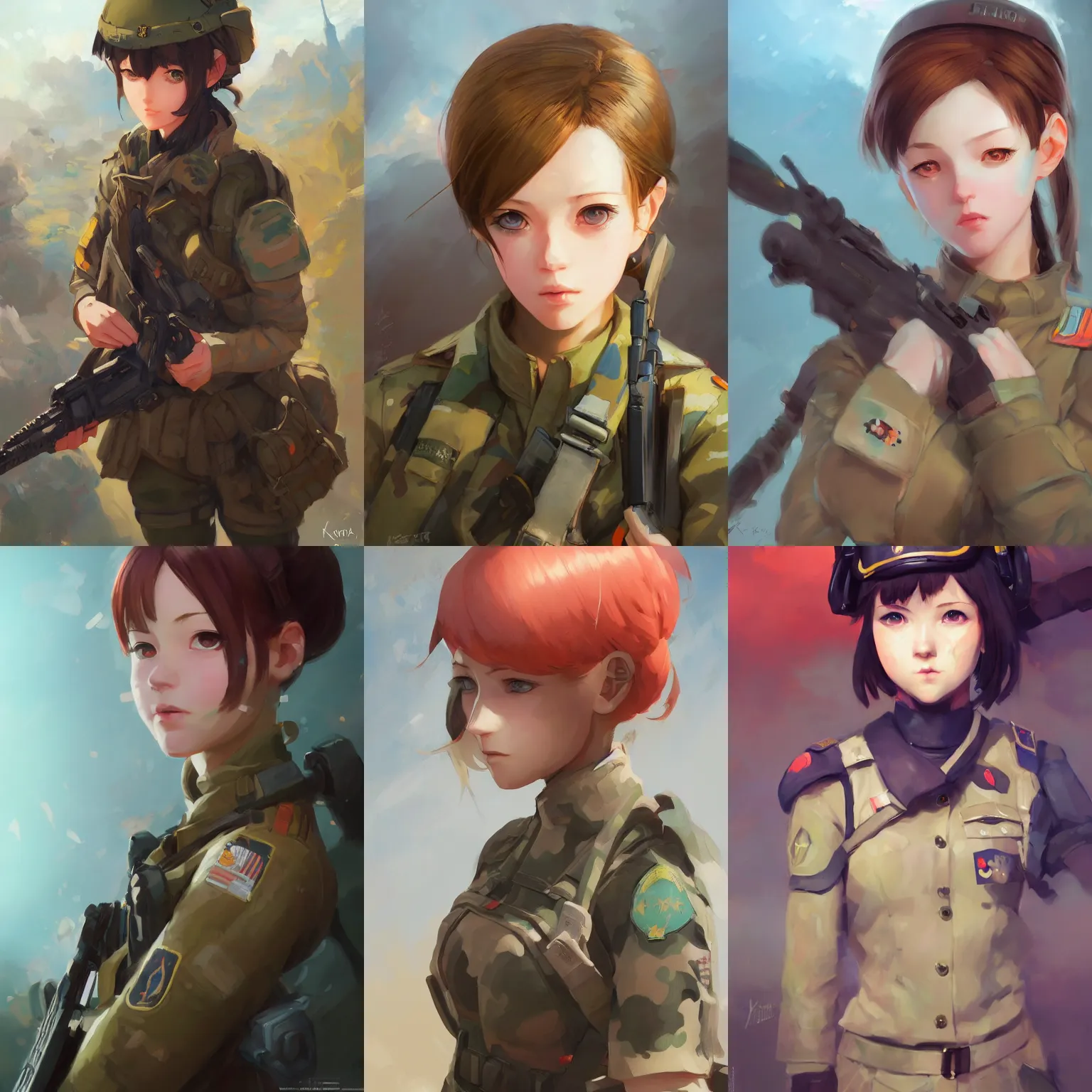 Prompt: a portrait of a cute female soldier, combat setting, vivid colors, soft lighting, atmospheric, cinematic, moody, in the style of ilya kuvshinov and range murata, krenz cushart, rule of thirds, oil on canvas, 8 k