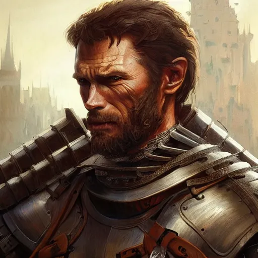 Image similar to rugged male medieval knight, clint eastwood, D&D, painted fantasy character portrait, highly detailed, digital painting, artstation, concept art, sharp focus, illustration, art by artgerm and greg rutkowski and alphonse mucha