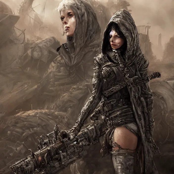 Image similar to beautiful apocalyptic woman in hooded cloak, standing on mad max panzer tank, hyper-detailed, smooth, sharp focus, 4k ultra hd, fantasy dark art, tank girl, artgerm, artstation, octane render, elegant, detailed digital painting, apocalyptic art, unreal engine