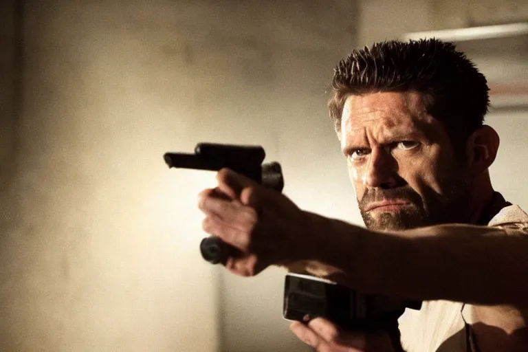 Prompt: film still of James McCaffrey!!! as Max Payne in the Max Payne movie, 4k