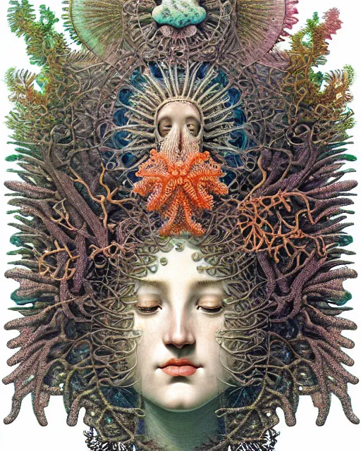 Image similar to hyperrealistic detailed underwater face portrait of the beautiful goddess of the fish with an intricate headgear of corals, sea kelp, sea plants, fish, starfish, jellyfish, art by ernst haeckel, james jean, gothic, neo - gothic, ornamental, beautiful deep colours,
