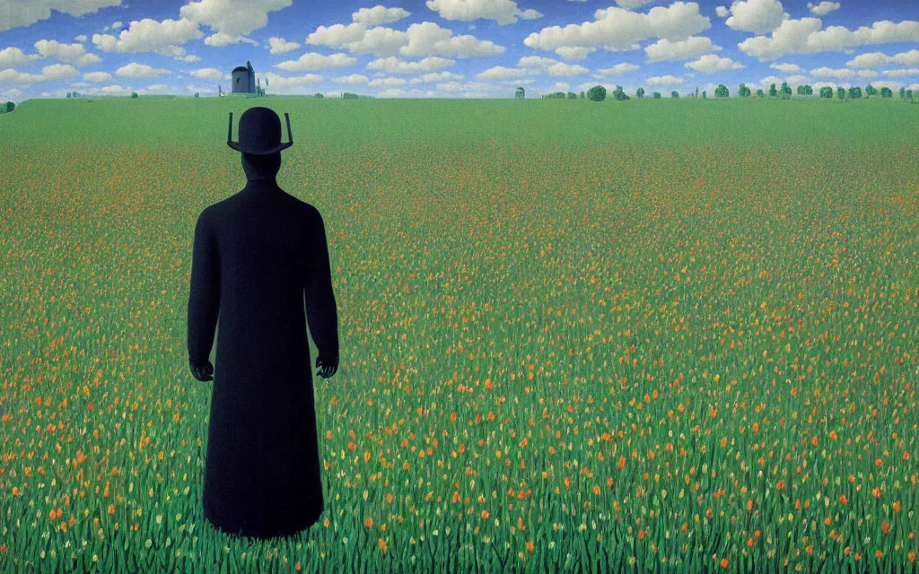 Image similar to grim reaper looking at you in distance in beautiful meadow of flowers, detailed painting by rene magritte