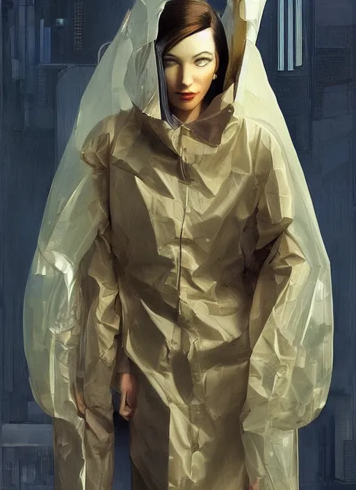 Image similar to beautiful cyberpunk woman in a translucent bomber jacket made from plastic bag with paper bags for clothes standing inside paper bags with paper bag over the head at store display Edward Hopper and James Gilleard, Zdzislaw Beksinski, highly detailed