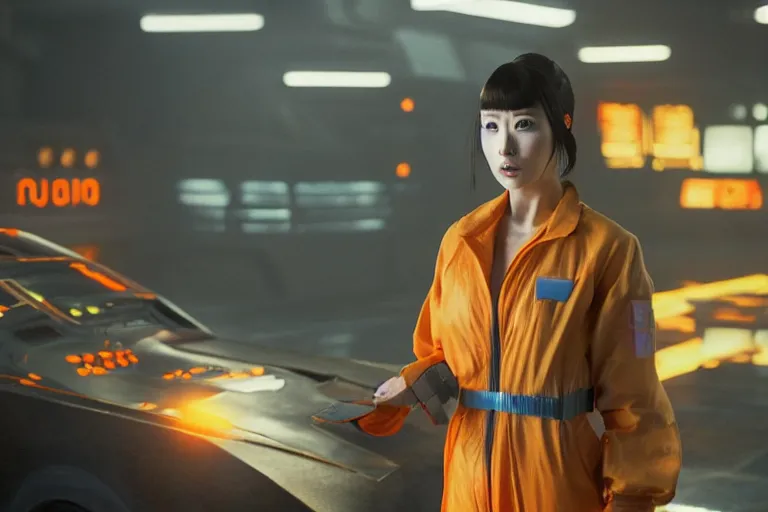 Image similar to a still from the film bladerunner 2 0 4 9 depicting haruka abe wearing an orange prison jumpsuit. behind her a blue holographic face dominates the background. futuristic medical equipment surrounds haruka abe. sci fi, futuristic,