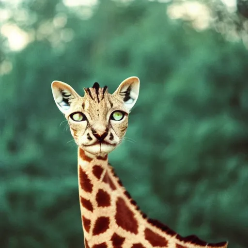 Image similar to a low angle photo of a cat giraffe hybrid, at the golden hour, dusk, sunset, sunrise, warm lighting, strongshadows, photo by slim aarons, award winning