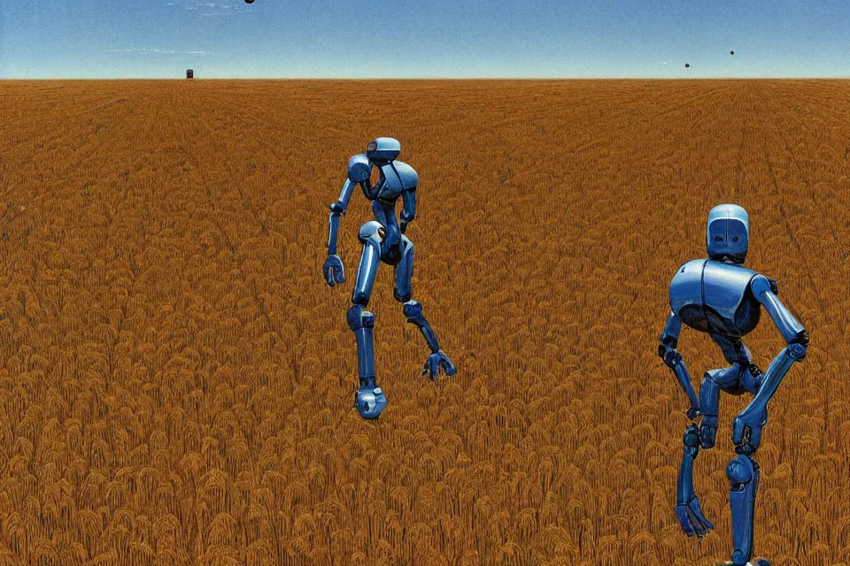 Image similar to sci-fi painting of a large alien city on the vast wheat fields, the closed back view of only one humanoid robot on the ground, by Moebius, godrays, detailed