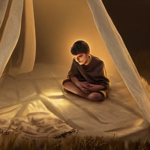 Image similar to Beautiful hyperrealistic detailed matte portrait painting of 12 year old middle eastern skinned boy with short hair and Biblical clothing sleeping. Interior of ancient tent. Nightime. Light rays shine onto his body. post processing, ultra detailed, trending on artstation