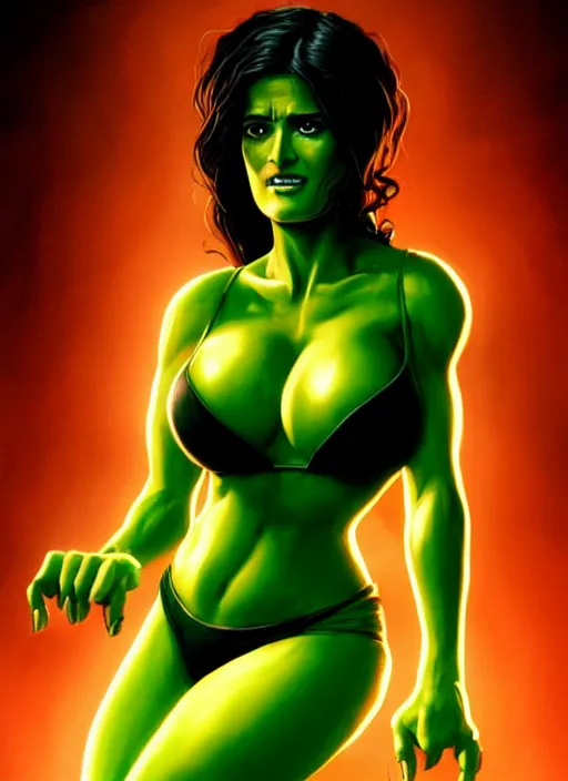 Prompt: salma hayek as she - hulk, intricate, elegant, glowing lights, highly detailed, digital painting, artstation, glamor pose, concept art, smooth, sharp focus, illustration, art by artgerm and greg rutkowski, artey freytag