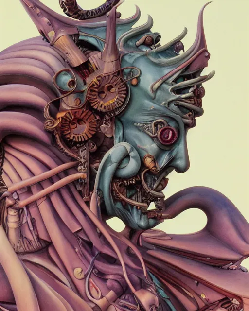 Image similar to jester by roger dean, by masamune shirow, biomechanical, profile portrait, 4 k, wide ayes, hyper detailed, hyperrealism, anime