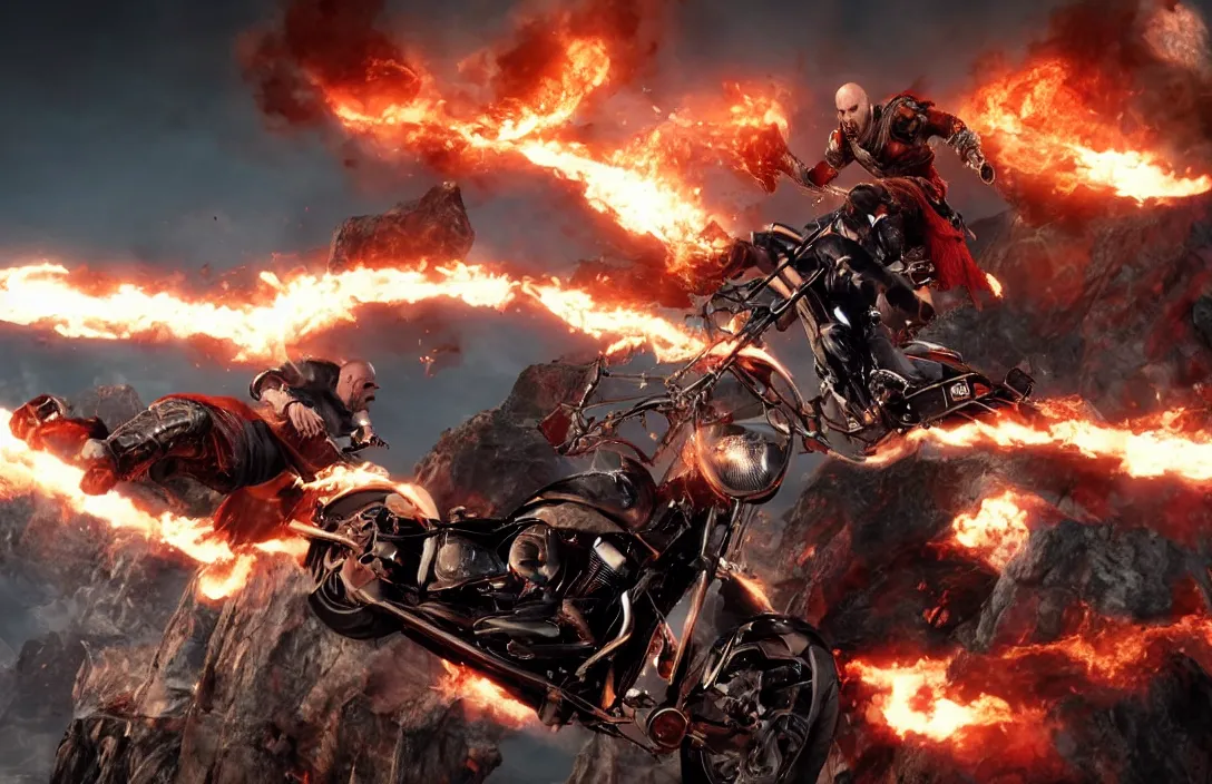 Image similar to kratos jumping a black harley - davidson motorcycle off a cliff, cinematic render, playstation studios official media, god of war 2 0 1 8, flames, centered