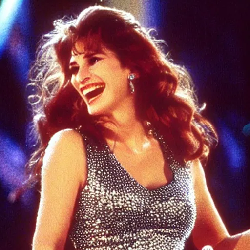 Image similar to Julia Roberts as Selena singing!! on a stage, 1995 movie, cinematic, beautiful, elegant