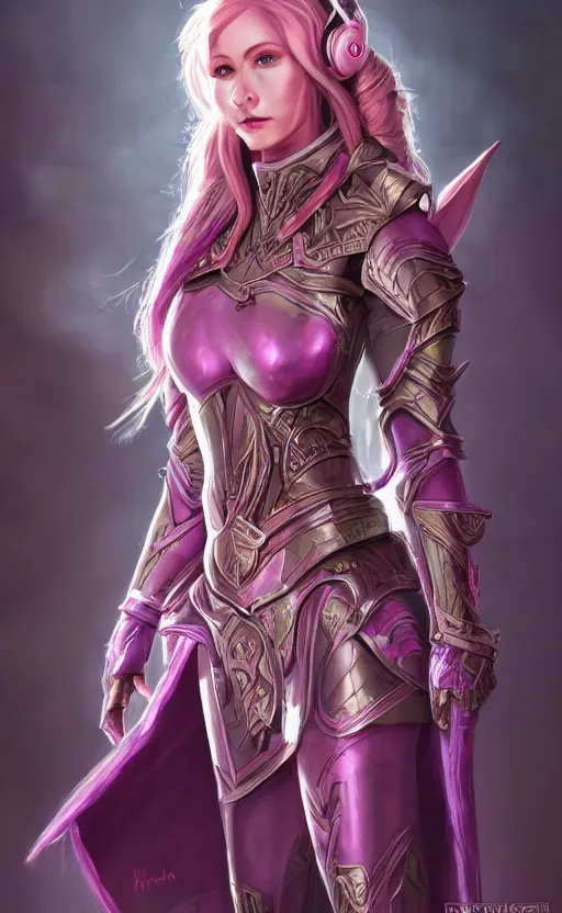 Image similar to a full body portrait of an elven woman with pink skin, and armor fit for a queen, wearing purple headphones, and smiling, dynamic lighting, photorealistic fantasy concept art, trending on art station, stunning visuals, creative, cinematic, ultra detailed