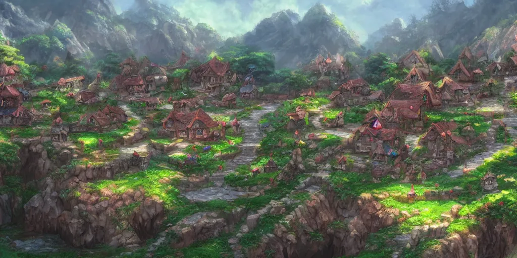 Image similar to a landscape of an elf village, Ghibli, 4k art, trending on art station, 8k, super detailed, makoto shinkai