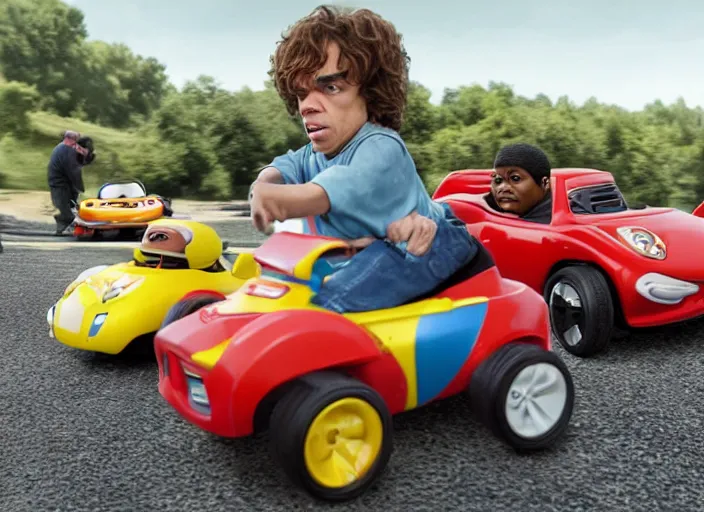 Image similar to peter dinklage racing gary coleman driving a little tikes cars, movie still, from the new fast and furious movie, 8 k, realistic