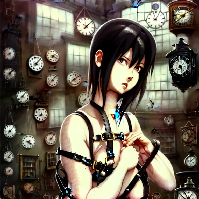 Prompt: bemused to be locked in a leather neck restraint, Tifa Lockhart in a full frame zoom up of her face and neck, looking upwards in a room of old ticking clocks, complex artistic color ink pen sketch illustration, full detail, gentle shadowing, fully immersive reflections and particle effects, concept art by Artgerm andRange Murata and Studio Ghibli in collaboration.