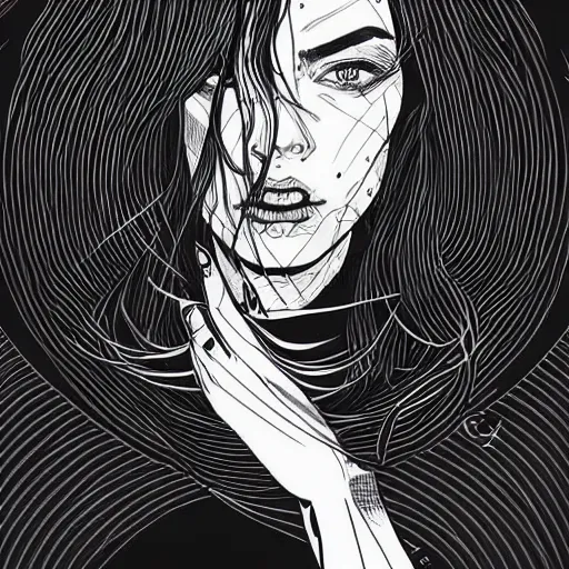 Prompt: clean simple line art of a woman. white background. well composed, clean black and white line drawing, beautiful detailed face. illustration by josan gonzalez and steve ditko and greg rutkowski