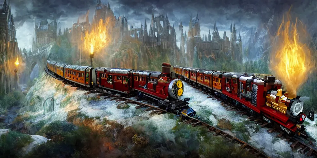 Prompt: Lego Hogwarts train by Tyler Edlin and Jean Delville and John Aktinson Grimshaw and Robert Hubert, german romanticism style, oil on canvas, cinematic lighting, vibrant, hdr, concept art, water reflections