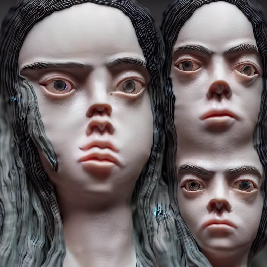 Prompt: a closeup photo - real delicate ceramic porcelain sculpture of detailed billie eilish in front of a intricate background by davinci, micro detail, backlit lighting, subsurface scattering, translucent, thin porcelain, octane renderer, colorful, physically based rendering, trending on cgsociety