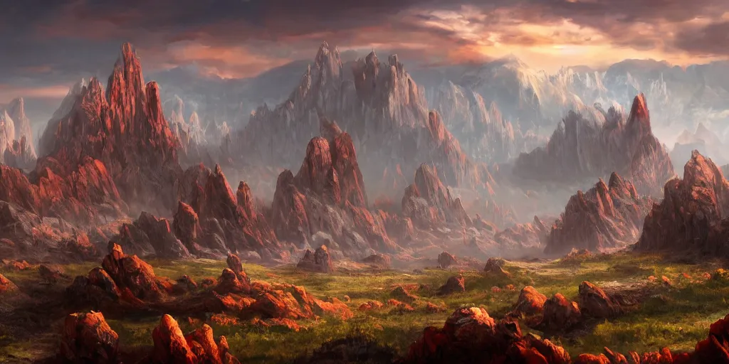 Image similar to The blood-soaked stone landscape with mountains in the background, Sci-Fi fantasy desktop wallpaper, painted, 4k, high detail, sharp focus