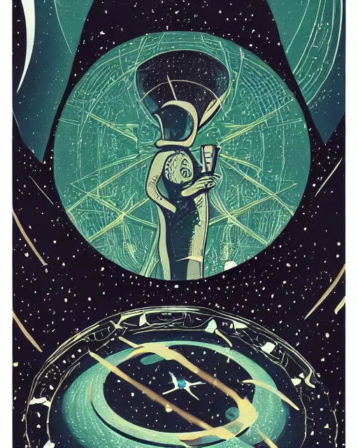 Prompt: retro dark vintage sci - fi. 2 d matte dark gouache illustration in a mystical style. tarot card back pattern. cosmic.